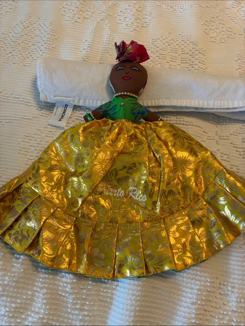 Handcrafted Puerto Rico Topsy Turvy, Doll - Gold Dress, Green Top,